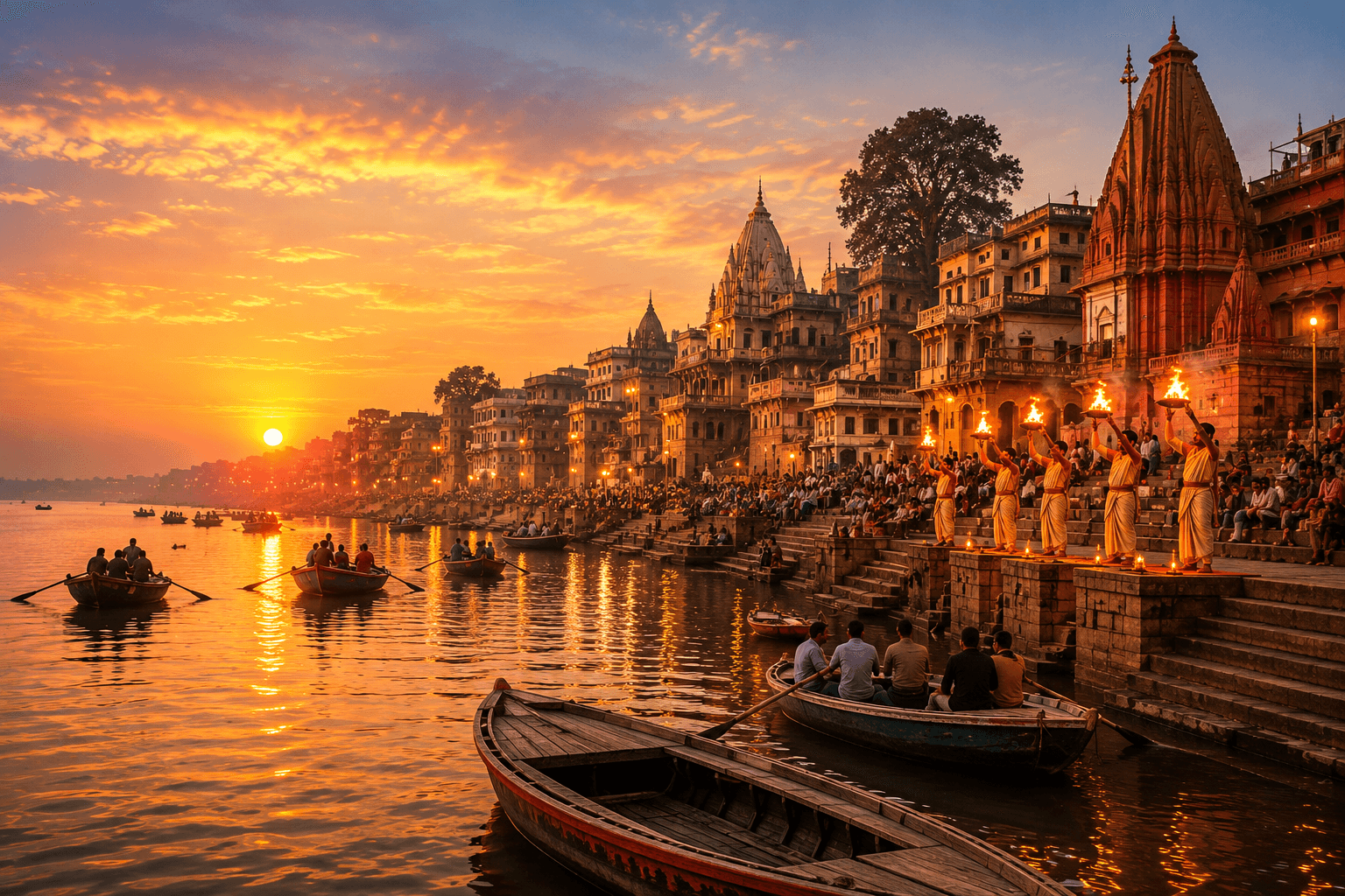 Sunset at Varanasi Ghats with Ganga Aarti and boats,  hotel stays near Varanasi Junction Railway Station.
